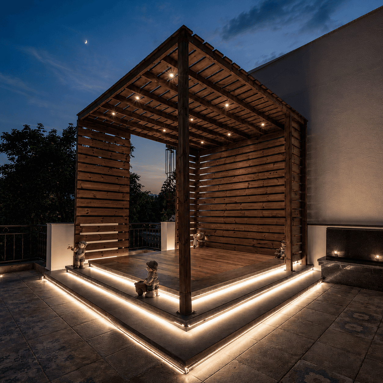 Private terrace with pergola and lawn