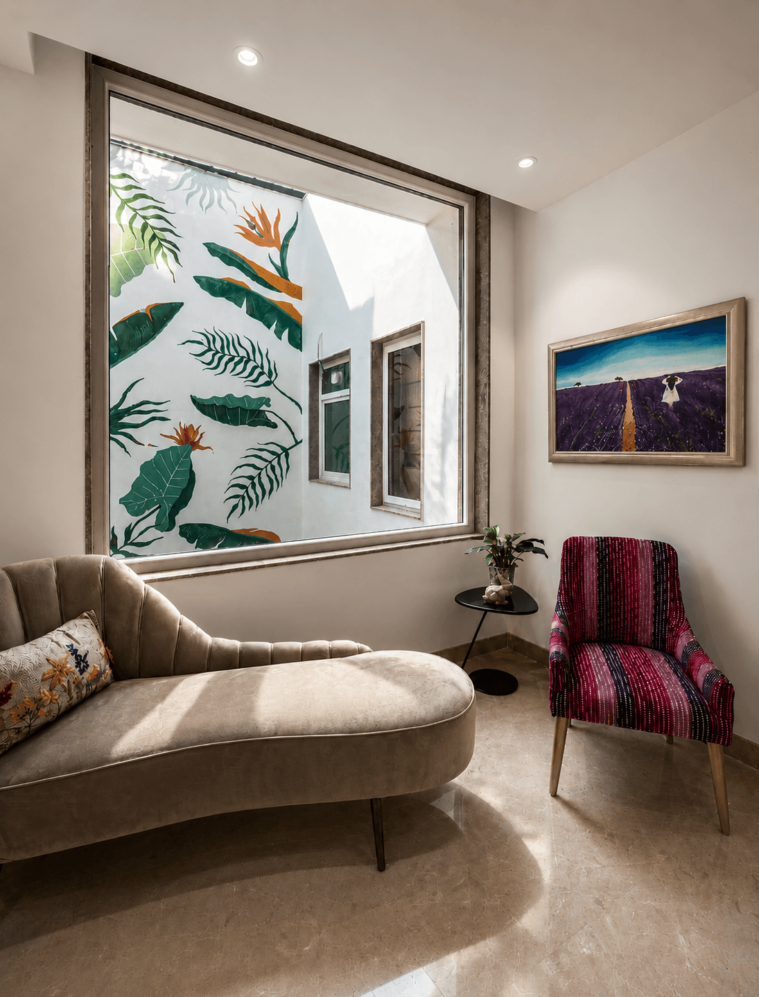 Bedroom interior with sculpted bronze feature wall