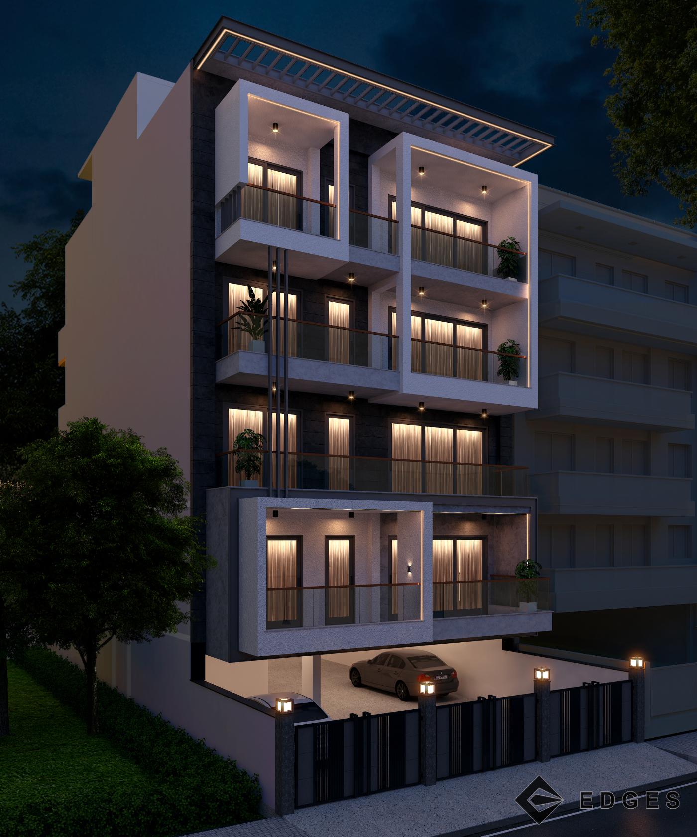 D-267 Sarvodaya Enclave exterior facade by night