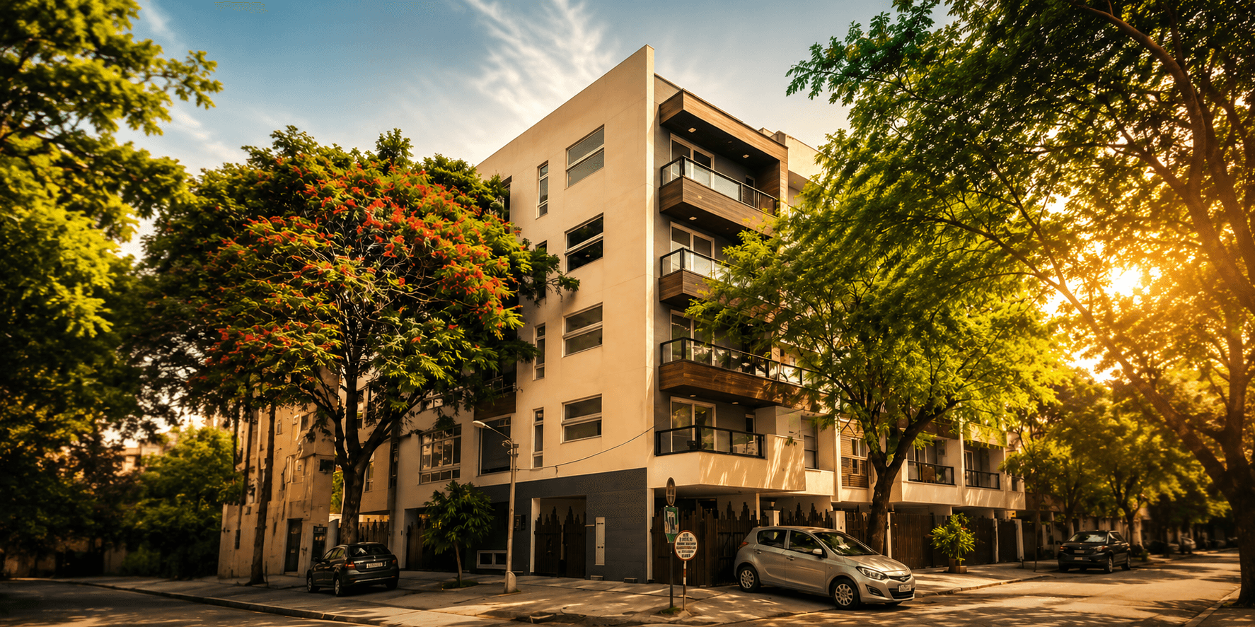 Panchsheel Estates exterior facade at dusk