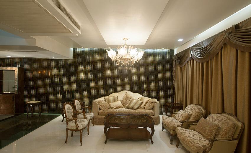 S-353 Panchsheel Park lounge with crystal chandelier